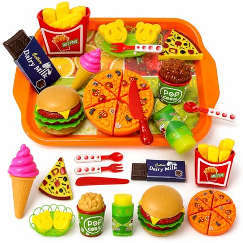 Image of PLUSPOINT Pizza Party Fast Food Set Realistic Pizza Pretend Play Barger Fries and ice Cream with Tray Food Toy | Best Gifts Food playset for Boys Girls Kids 4yr+