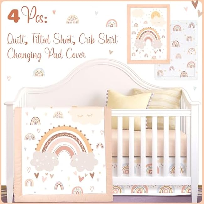 4 Pieces Baby Crib Bedding Set for Girls and Boys, Soft Baby Bedding Set Including Crib Skirt, Comforter, Sheet and Diaper Stacker for Nursery(Bohemian Rainbow)