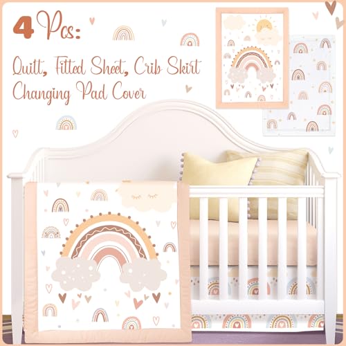Image of Hahafelt 4 Pieces Baby Crib Bedding Set for Girls and Boys, Soft Baby Bedding Set Including Crib Skirt, Comforter, Sheet and Diaper Stacker for Nursery(Bohemian Rainbow)