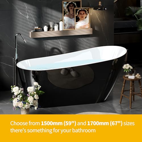 Image of 59 inch Acrylic Freestanding Bathtub, Contemporary Double-Walled Insulated Soaking Tub with Anti-Clog Drain & Overflow, cUPC Certified Heavy-Duty Resin Reinforcement, Black