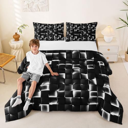 Image of Erosebridal Geometric Checkered Comforter Full Size Neon Black White Comforter Set for Kids Teen Men Gamer Room Decor,Abstract Ombre Plaid Bedding Set Grids Quilt Duvet