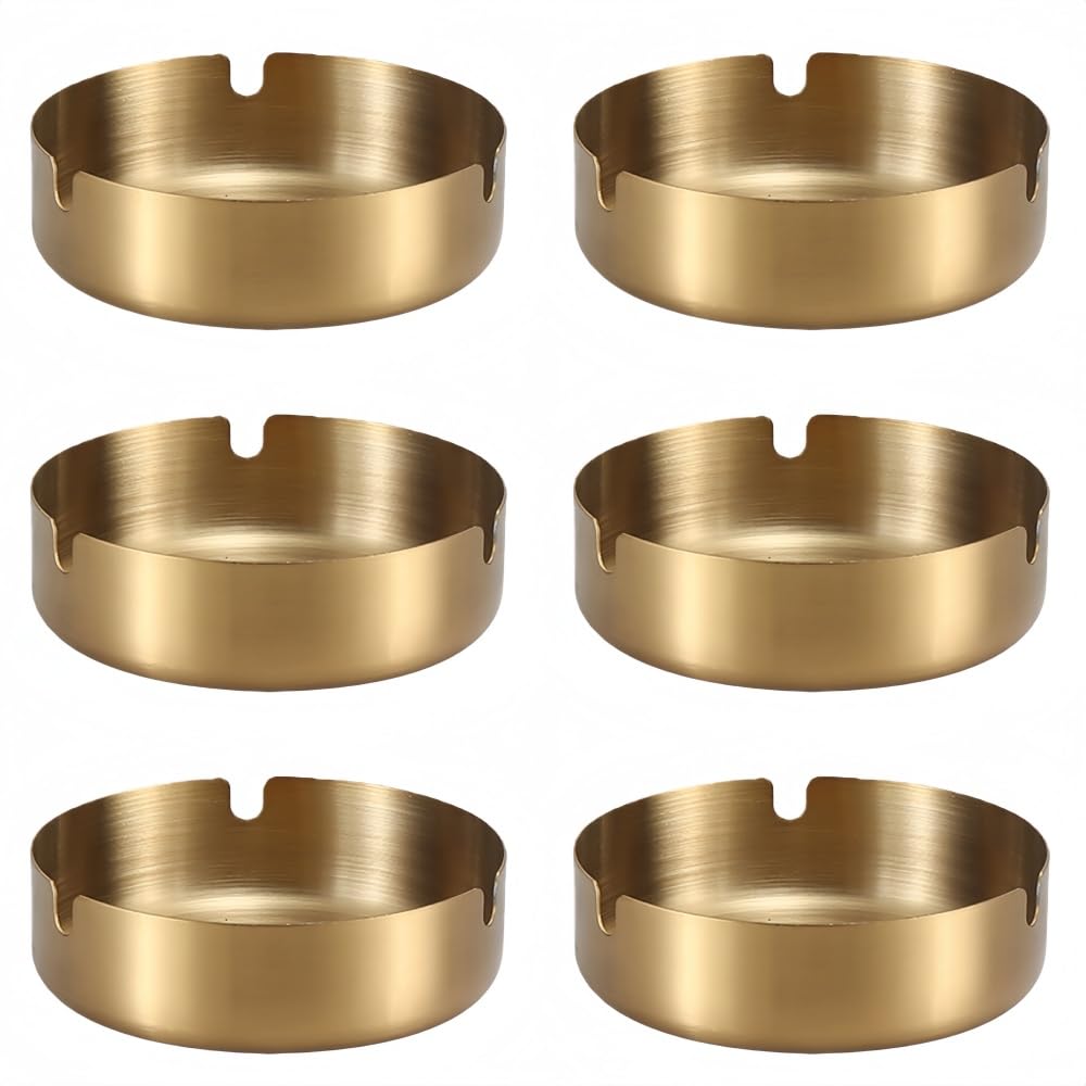 Lot de 6 cendriers en acier inoxydable avec rainures en U - Coupe-vent - 8/10/12 cm - Doré/argenté - Table de balcon de jardin - Cadeau moderne (10 cm, doré 6)