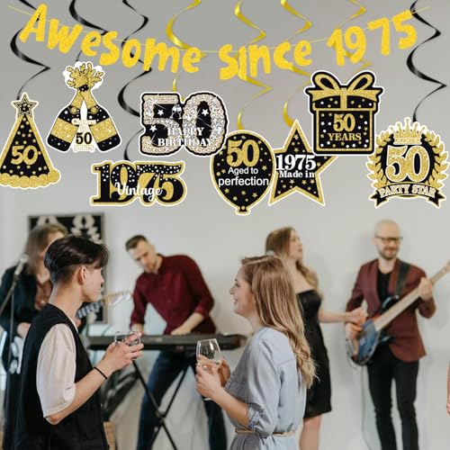 Image of 50th Birthday Decorations for Men Women,Pre-Strung Glitter Gold Vintage Happy 50th Birthday Party Banner,Awesome Since 1975 Hanging Swirls,for 50 Years Old,Anniversary Supplies Ideas