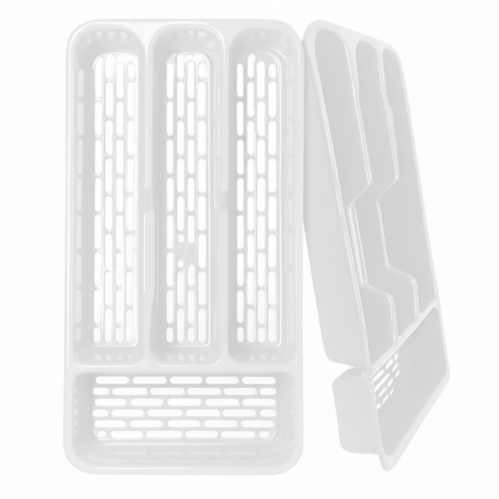 Ketayle Small Tier Cutlery Tray Classic White - BPA-Free Plastic, Food Safe, Non-Slip Base, Perfect for Drawer Organization, 33x17.5x4.3 cm, Durable and Easy to Clean