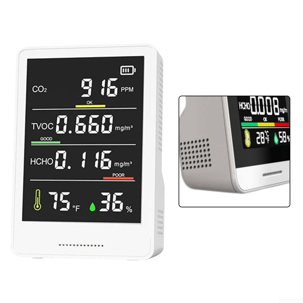 Misuratore di qualità dell'aria 5 in 1 per TVOC, formaldeide, temperatura e umidità, con display a colori e batteria USB, per ufficio, casa e scuola