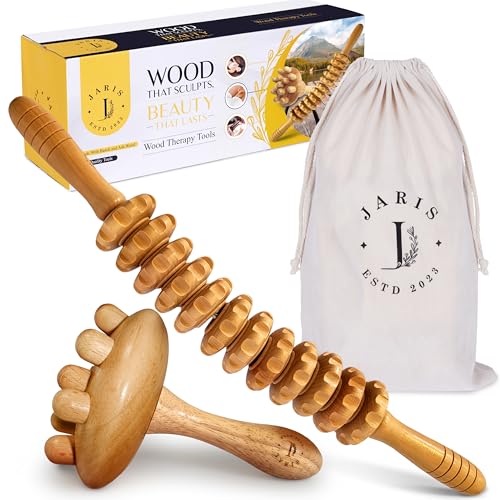 JARIS – Kit de Maderoterapia Corporal Profesional 2 Piezas - Rodillo Anticelulítico Curvo y Champiñón | Masajeador de Madera para Celulitis - Piernas y Cuerpo – Instrucciones QR Incluidas