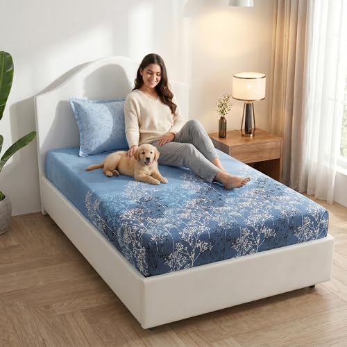 Image of Mafatlal 186 TC Autumn Delight Pure Cotton Single Bedsheet | 60 x 90 Inches | Soft Breathable Summer Bed Sheet with 1 Pillow Cover | Cooling Floral Print Flat Sheet | Blue