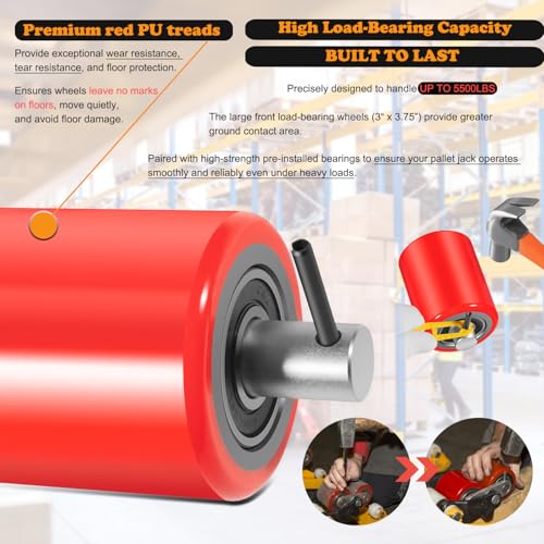 Image of Pallet Jack /Truck Full Wheel Replacement Kit, Pair Steering Wheels (7 inchx 2 inch), Pair Front Load Roller(3 inch x 3.75 inch), with Pre-Installed Bearings, Axles, 20mm ID Poly Tread, Entry Rollers, Install Tool Kit