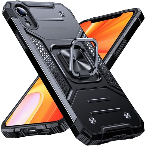 Image of Anqrp Heavy Duty Case for iPhone XR Case with Enhanced Ring Holder Grip Stand, Military Grade Shockproof Rugged Drop Protective Silicone Hard Slim iPhone XR Phone Case Cover, Matte Black