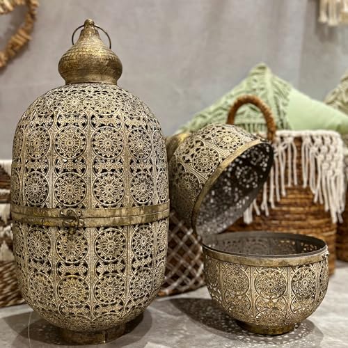 Moroccan Metal Temple Lanterns, Luxury Floor Hurricanes, Set of 2, for LED or Wax Candles, Sealed Iron, Antiqued Patina, Hinged Top, 25.5 and 17.75 Inches Tall, Global Chic Collection