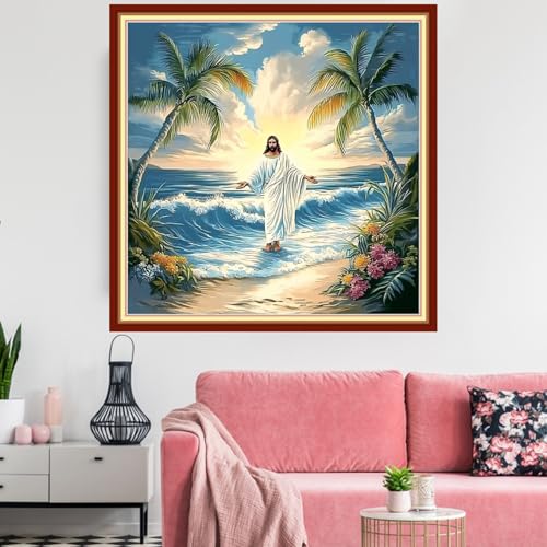 Image of Redxing Stamped Cross Stitch Kits Embroidery kit for Beginners Adults Full Range of Embroidery Patterns Starter Kits DIY Printed Cross Stitch Kits Needlepoint Kits 11CT-Jesus Coconut Tree 18x18 inchs