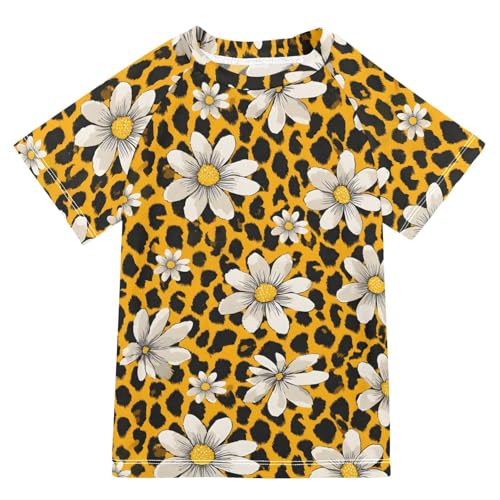 ALAZA Kids Rash Guard Girls Toddler Swim Shirts Short Sleeve Leopard Print Flower UPF 50+ 3T