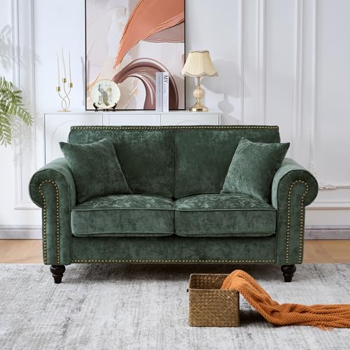 Image of KEIKI 64 inch Oversized Chenille Loveseat Sofa with Rolled Arms and Nailhead Trim, Upholstered Modern Style 2-Seater Couch with High-Density Foam Cushions, Easy Assembly, for Apartment, Living Room, Green