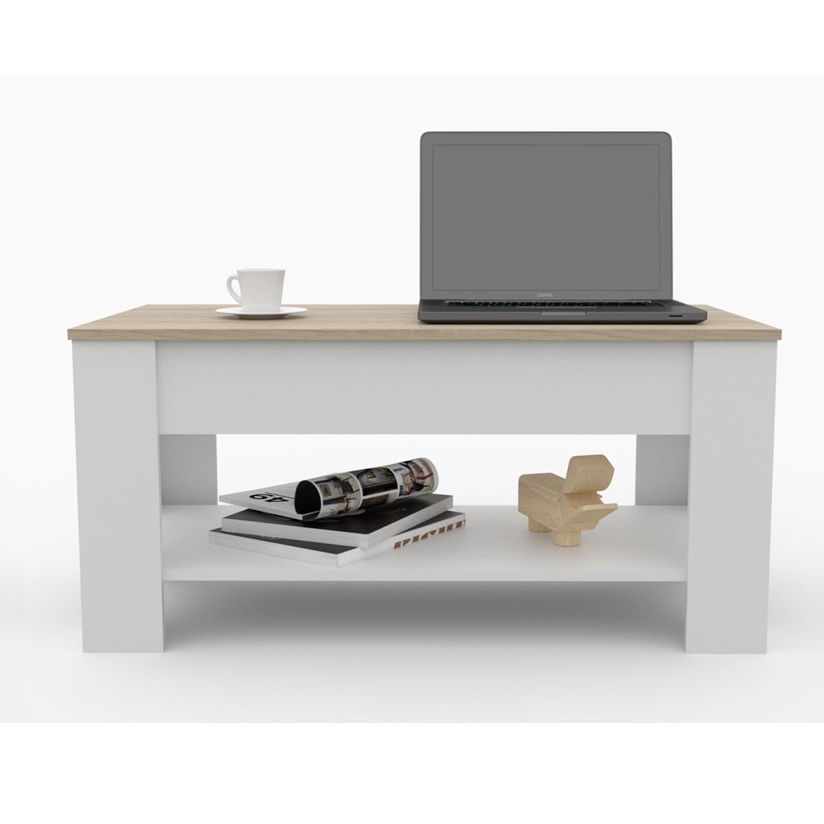 DORMIDAN- Mesa de Centro elevable con Revistero, Comedor o Auxiliar, Mayor Estabilidad. (Blanco Tapa Roble)