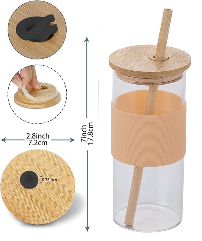 Image of Glass Tumbler with lid and Straw, Glass Bottle with Unique Wooden Straws, Bamboo Lid, Glass Tumblers, Smoothie, Jars, (400ml)
