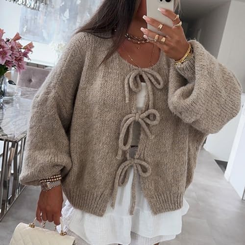 Image of Women Knitted Tie Front Cardigan Tops Casual Knitwear Top Long Sleeve Open Front Baggy Sweater Y2k Girls Outwear