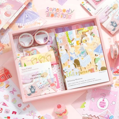 Image of VIBE VISTA Vintage Aesthetic Scrapbook Kit, 346 Pcs, A6 Grid Notebook, Washi, Envelopes, Scrapbook Papers, Folding Labels, Background Papers, Photo Frames, Calendar Stickers, Stickers (chill Moment)