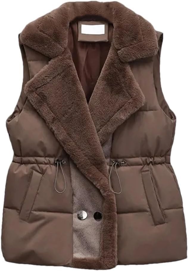 VUIKLCty Chaleco de Mujer con Relleno de algodón y plumón, Chaqueta sin Mangas, Cuello de Traje, Chaleco de Cintura, Abrigo Corto, Tops(Brown,L)