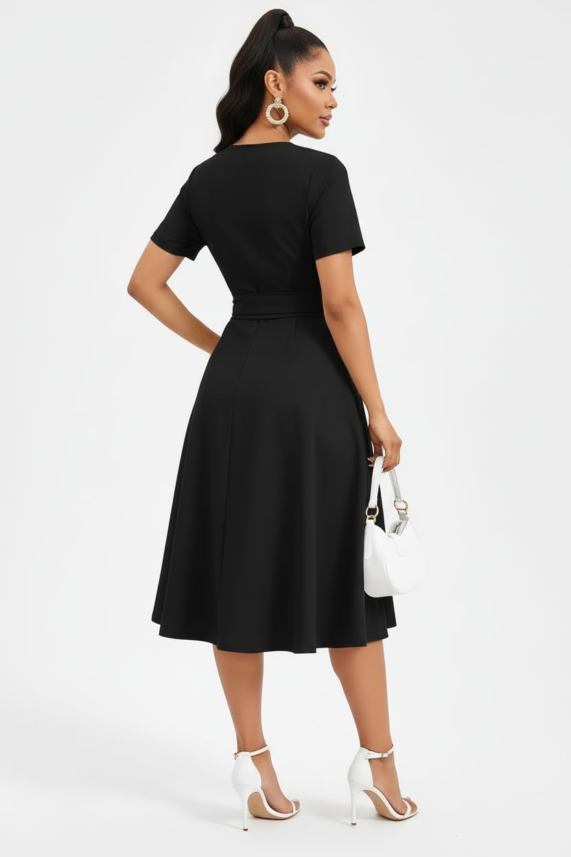 Nmoder Elegant Wrap Dresses for Women, Casual A-Line V Neck Short Sleeve Midi Dresses with Pockets & Belt Buckle - Image 4