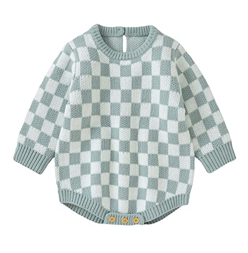 Image of Unisex Baby Girl Boy Knitted Romper Jumpsuit Checkerboard Plaid One Piece Button Down Sweater Playsuit Clothes