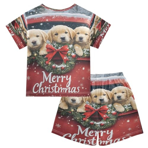 ALAZA Christmas Golden Dog New Year Pajamas Set Short Sleeve Cotton Sleepwear Summer Pjs 2 Piece 5-14Y2