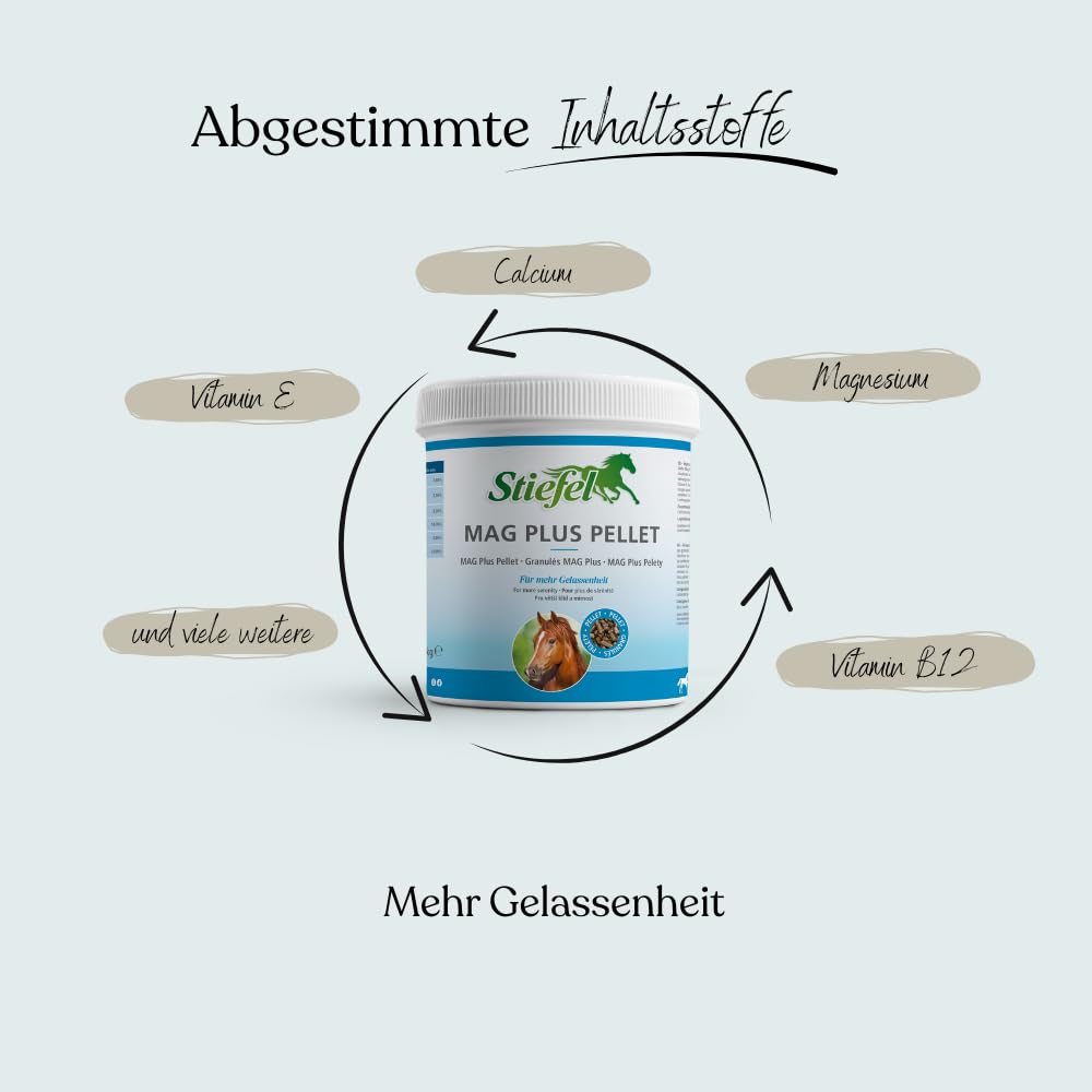 Stiefel MAG Plus für Pferde, hochdosiertes Magnesium, kann Sich positiv auf unruhige Pferde auswirken & in Belastungssituationen unterstützen, mit Vitamin B12 & Vitamin E, Pellets, 1kg