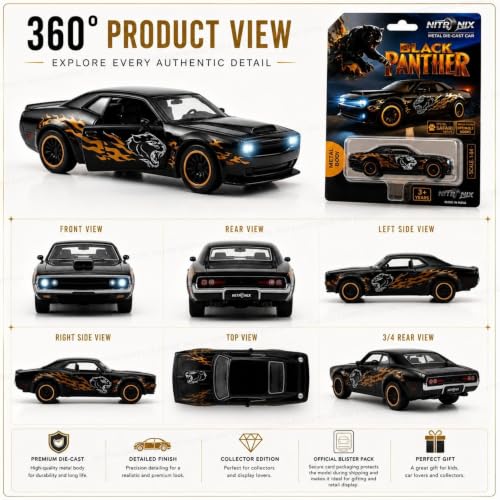 Image of 1:64 Black Panther Premium Die Cast Metal Toy Car for Kids | Mini Sports Car Collectible Model with Free Rolling Wheels, Realistic Design, openale door,Metal Vehicle, Birthday Gift for Boys & Girls