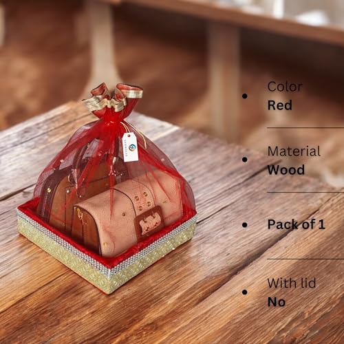 Image of (Medium, 10x10x2 inch, Square, Red-Stone Lace) MDF Base Designer Gift Hamper Packaging Baskets with Net Cover, Gift Hamper Organiser Perfect for Any Occasion