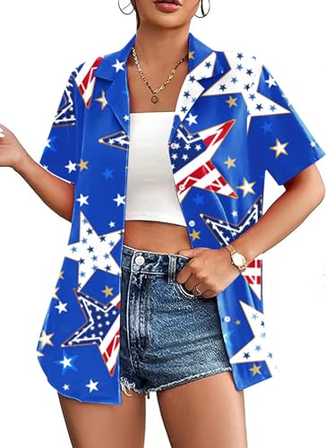 Image of American Flag Shirt for Women 4th of July USA Button Up Tops Summer Hawaii Floral Patriotic Stripes Graphic Tee