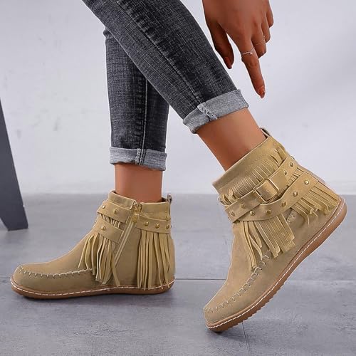 Ankle Cowboy Boots For Women Short Wide Width Cowboy Booties Western Suede Fringe Boots Round Toe Flats Winter Warm Fashionable Outdoor Short Booties With Zipper3