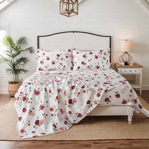 Image of FADFAY Rose Sheets Set Twin XL Vintage White Rose Floral Bedding Shabby College Bedding 100% Percale Egyptian Cotton 800 Thread Count Ultra Soft Deep Pocket Fitted Sheet 4Pcs, Twin XL for Dorm Room