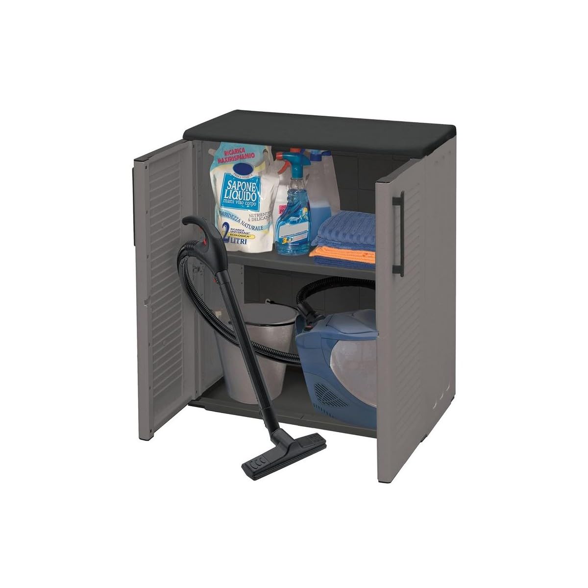 INTEC - Armoire Basse de Rangement 2 Portes Gris Anthracite 68x37x84 cm – Meuble Polypropylène Recyclé pour Garage, Jardin, Buanderie – Résistant Eau & UV