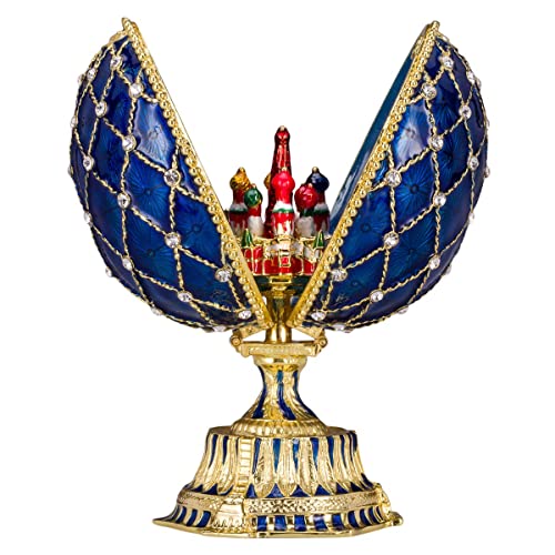 danila-souvenirs Huevo al estilo Fabergé con la Catedral de San Basilio 12 cm azul