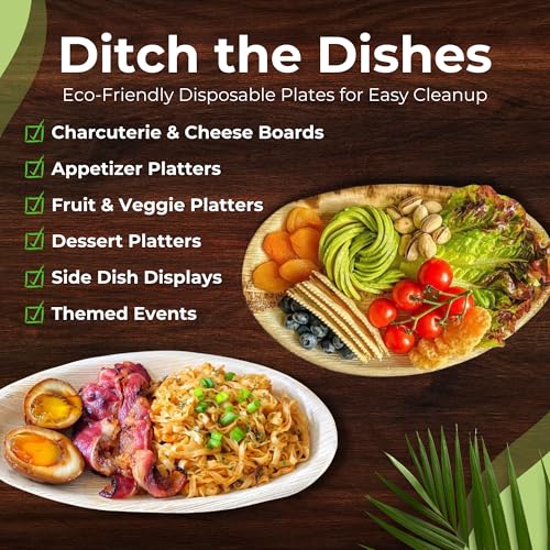 12 Inch Oval Palm Leaf Plates (50 Pack) | Disposable Bamboo Plates for Charcuterie Boards, Fruit Serving, Cheese Board, BBQ Platters | Compostable Wooden Trays