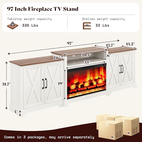 Image of AMERLIFE 97 inch Large Fireplace TV Stand for TVs up to 110 inch, Farmhouse Entertainment Center with 33 inch Electric Fireplace, Media Console with Storage Cabinets & Adjustable Shelf, White