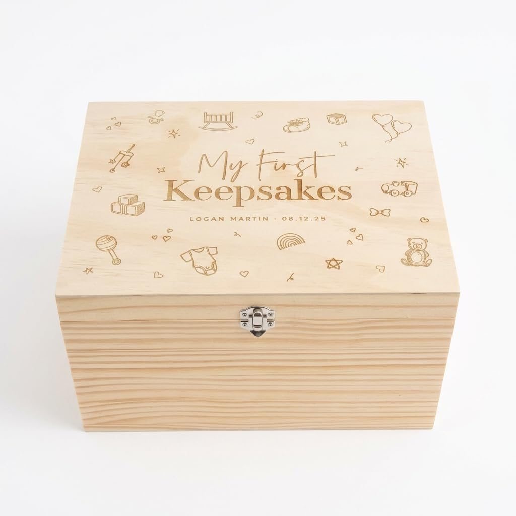 Personalised "My First Keepsakes" Wooden Baby Box | Engraved New Baby Memory Box | Custom Name & Birth Details Keepsake Chest | Christening & Baptism Gift | W36cm x D27cm x H20cm