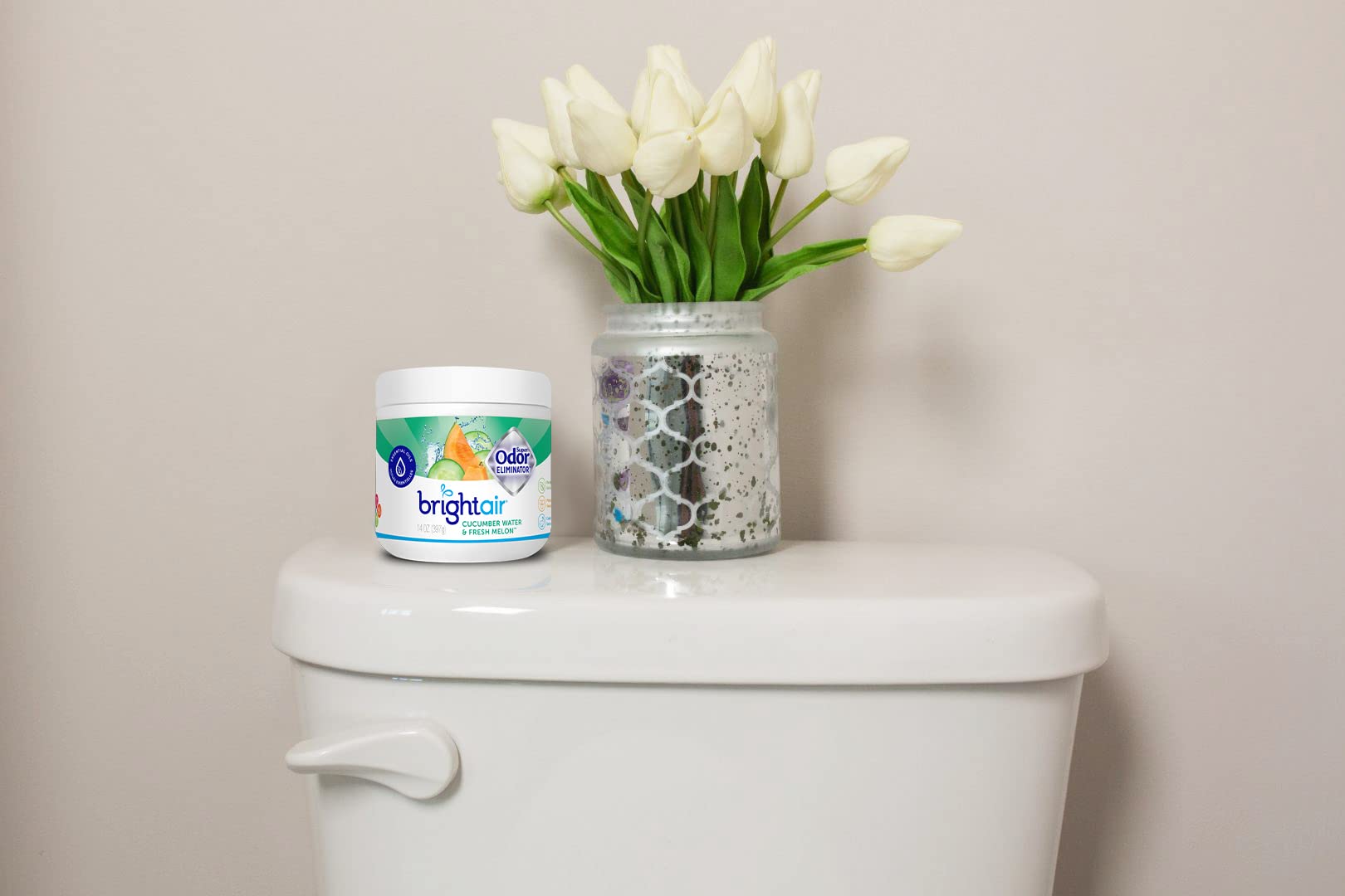 Bright Air Supereliminador de olores de 14 onzas, para espacios medianos, agua de pepino y aroma fresco de melón, caja de 6, eliminador de olores y ambientador, aceites esenciales naturales, dura