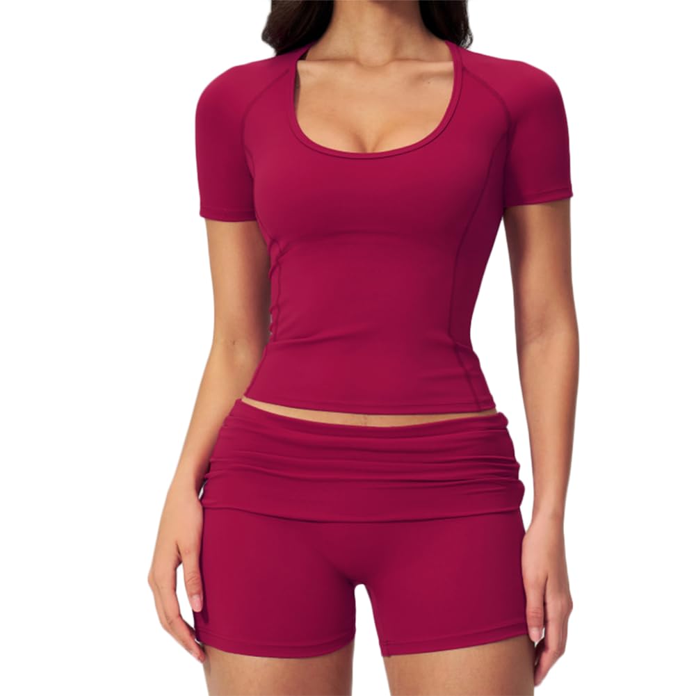 XYFfybhsd Women's 2-Piece Workout Set, U-Neck Short Sleeve Compression Top & Fold-Over High Waist Biker Shorts(Size:XL,Color:Red)