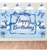 Blue Bow Birthday Backdrop,Bow Happy Birthday Banner Decorations for Girls Women Party Decor