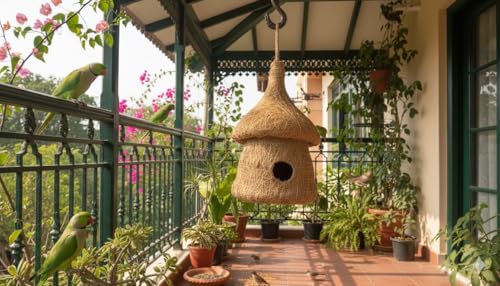 AVIANS Handcrafted Natural Coir Fiber Bird House for Balcony & Garden Eco-Friendly Nest for Small Birds Unique Home & Balcony Decoration Item for Bird Lovers 65CMX23 CM Extra Large