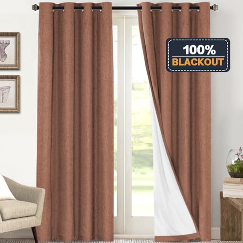 Image of PrinceDeco 100% Blackout Curtains 108 Inches Long 2 Panels Set Full Black Out Curtain Thermal Insulated with White Liner Anti-Rust Grommet Curtains & Drapes Luxury Decor for Living Room,Washed Spice