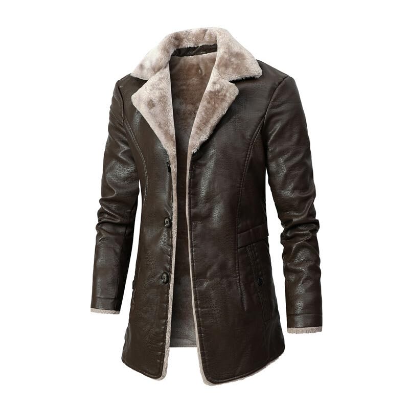Manteau en fausse fourrure de mouton pour homme veste cuir PU long d'hiver trench chaud grande taille