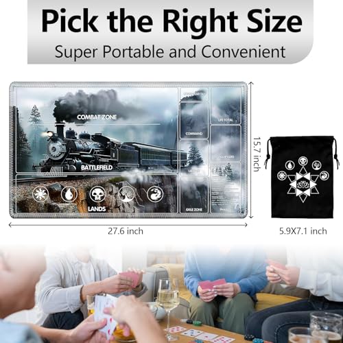 Image of for MTG Playmat with Card Storage Bag,Non-Slip Rubber Base & Smooth Surface 27.6x15.7in,Beginner-Friendly Magic Mat for Commander Deck,Retro steam Train