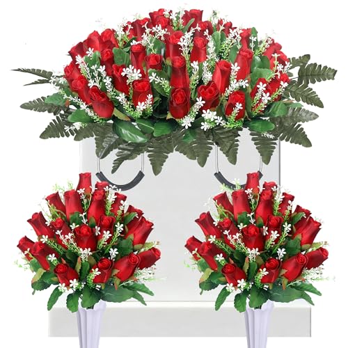 IDMOP 3 Sets Artificial Cemetery Flowers for Grave,Headstone Flower Saddle with 2 Memorial Rose Bouquets with Vases for Grave Tombstone Decorations (Red)