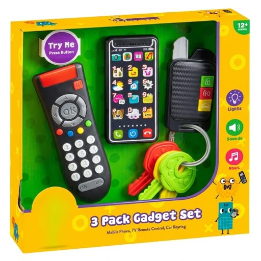 MEHRU 3 Piece Tech Gadget Toy Set | Pretend Mobile Phone, TV Remote & Car Key Toy with Lights & Sounds | Educational Role Play Toy for Toddlers 12+ Months
