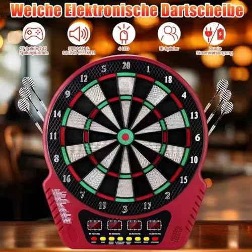 Elektronische Dartscheibe für 1-16 Spieler, E-Dartboards Dartautomat mit 4 LCD-Anzeige und 6 Darts und 24 Pfeilkopf 27 Spiele mit 243 Spieloptionen Profi Elektronik Dartspiel (Rot)