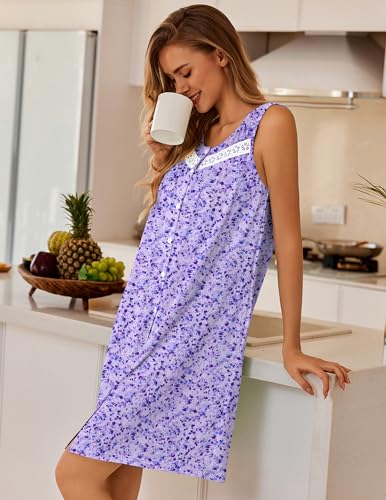 Image of Ekouaer Nightgowns for Women Button Up Sleepshirt Tank Sleeveless Nightshirt Soft Sleepwear with Pockets S-XXXL