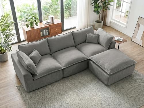 Image of COSIEST 108'' Boneless Sectional Couch, Modular Sectional Sofa with Ottoman, 4 Seater L Shaped Cloud Couch for Living Room, Grey