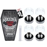VANERIA 4 Pairs Vampire Fangs,4 Size Fangs For Cosplay Halloween with Tube Solid Adhesive,Vampire Coffin Gift Box Design,Fake Fangs Vegan/Cruelty Free