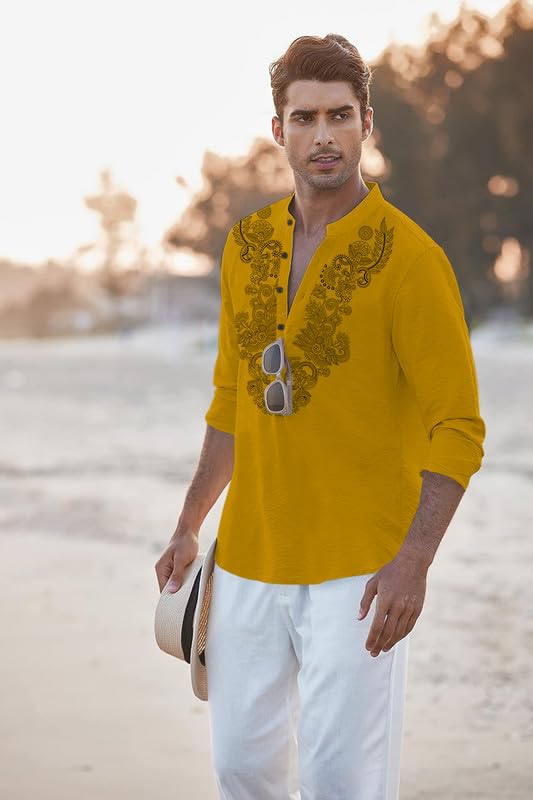 Image of FINIVO FASHION Men's Cotton Blend Short Kurta with Full Sleeves and Ethnic Neck Design | Casual Crinkle Texture Kurta with Mandarin Collar